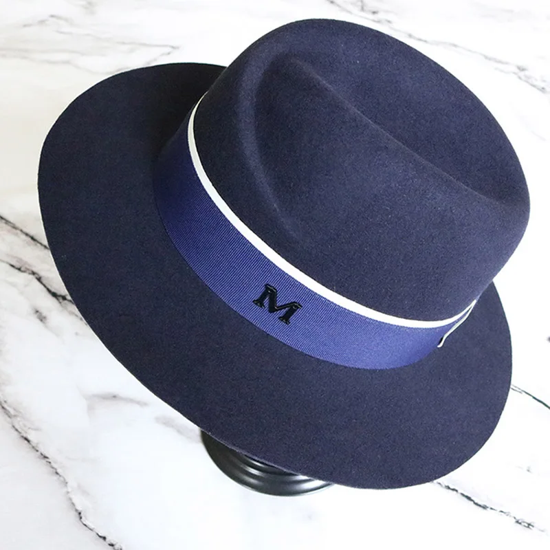 Navy Blue Женская шляпа с широкими полями, австралийская шерстяная теплая фетровая шляпа, женская панама, шляпа с гибкой лентой, свадебное платье, шляпы в стиле Дерби, церковные шляпы - Цвет: Navy Blue