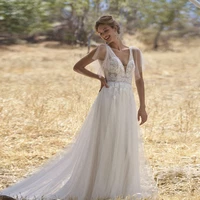 macdugal wedding dresses 2021 v neck lace puff sleeve civil beach bride gowns flower appliques robe de mari%c3%a9e elegant dress