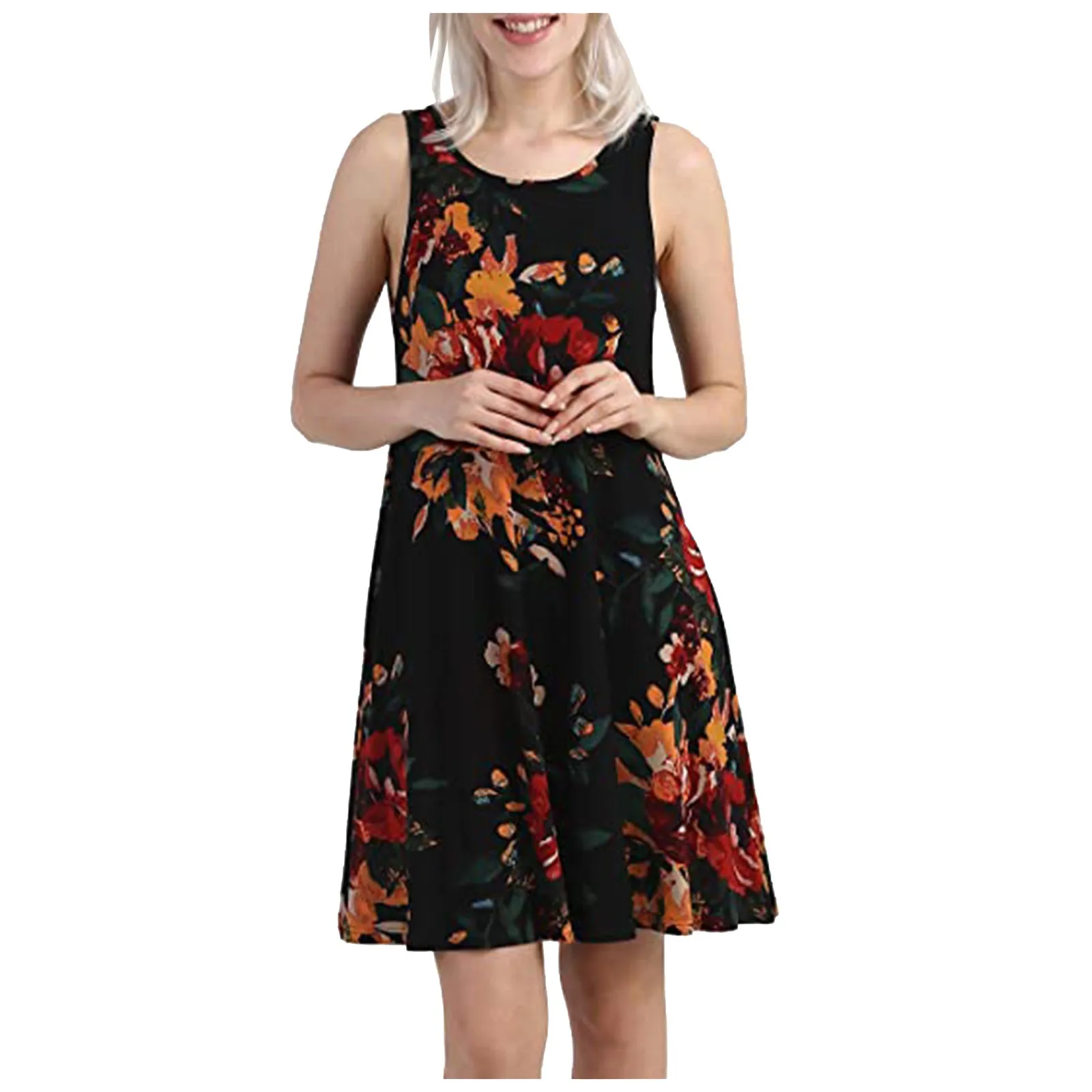 

SAGACE Ladies fashion casual pocket vest skirt Women's Casual Sexy O-Neck Sleeveless Print short Sling Dress With Pocket