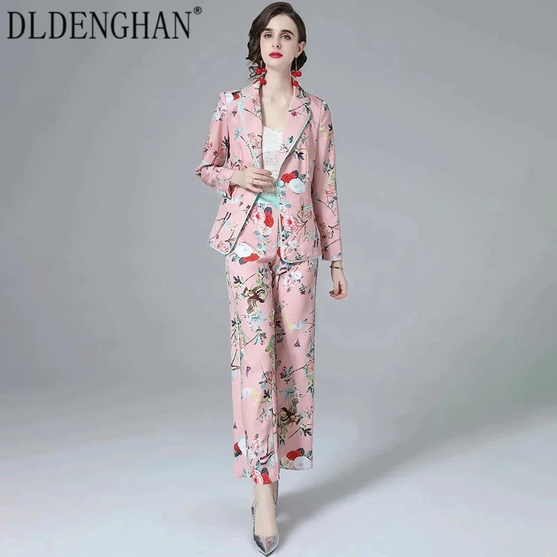 

DLDENGHAN Fashion Runway Designer Autumn Suit Woman Long Sleeve Single Button Coat + Wide Leg Pants Flower Print Two-Piece Set