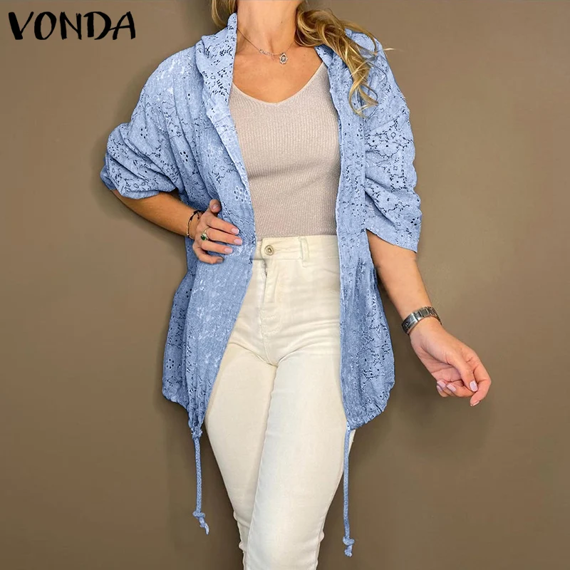 

Spring Coats Hoodies 2021 VONDA Autumn Women Elegant Lace Hooded Coats Cardigan Zipper 3/4 Sleeve Loose Casual Pleated Coat