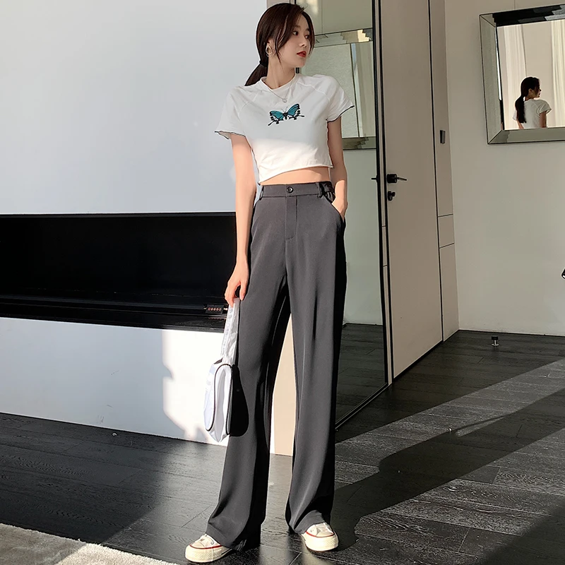 

Limiguyue Office Lady High Waist Straight Long Pants Spring Solid Loose White Suit Women Pants Elegant Pockets Trousers K1158