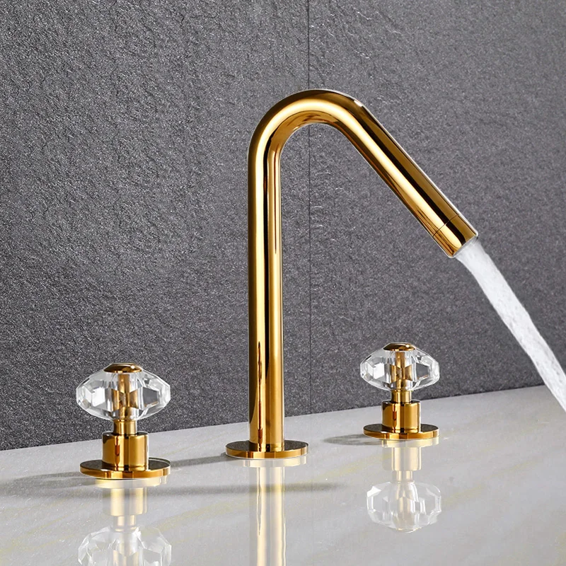 

Basin Faucets Bathroom Sink Faucet Gold Brass Crysta 3 Holes Double Handle Bathbasin Bathtub Taps Hot and Cold Water Mixer Taps
