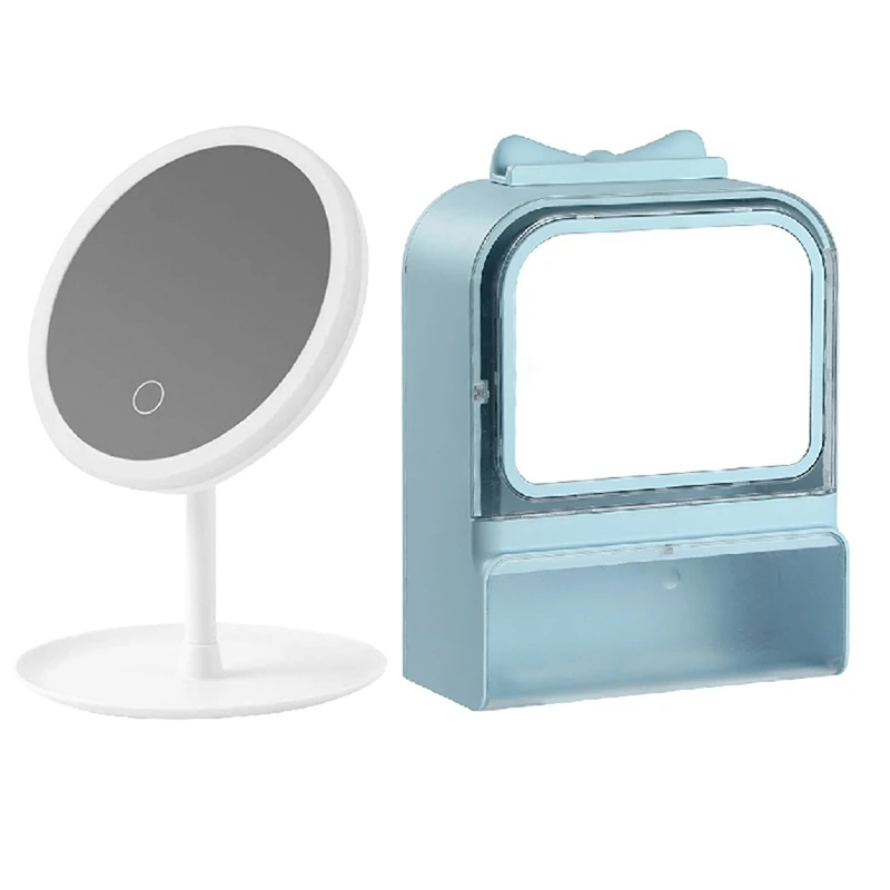 

Увеличительное зеркало для макияжа с подсветкой и настенным органайзером для макияжа без перфорации коробка для хранения салфеток для ван...