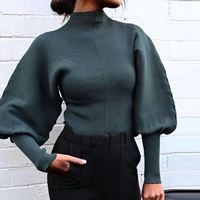 autumn women solid color sweater turtle neck long puff sleeve knitted pullover