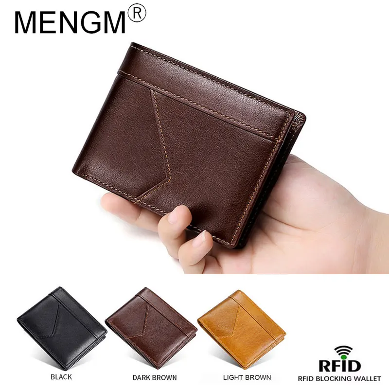 

MENGM Male Wallets RFID Patchwork Genuine Leather Business Office Wallet Mini Card Holder Simple Fashion Excellent Workmanship