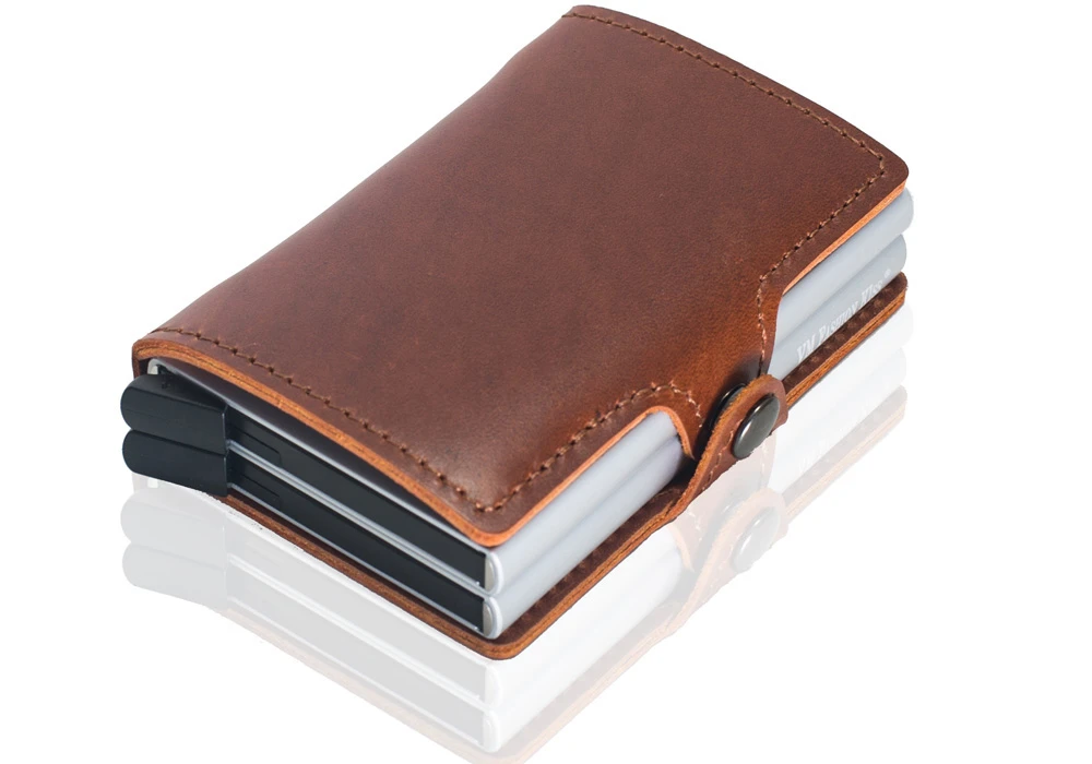 brown VM FASHION KISS Genuine Leather Double Aluminum Box RFID Safe Card Wallet Credit Card Information Anti-theft Brush Card Holder - Цвет: brown