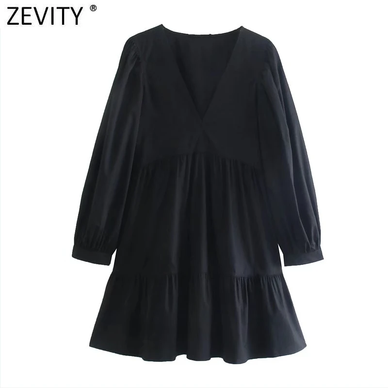 

ZEVITY Women Fashion V Neck Pleats Patchwork Casual Black Poplin Mini Dress Female Chic Nine Quarter Sleeve Brand Vestido DS8905