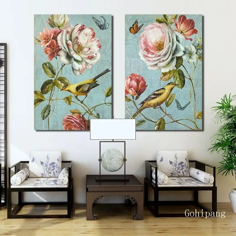 Свежие садовые цветы птица холст картина в скандинавском стиле декоративный