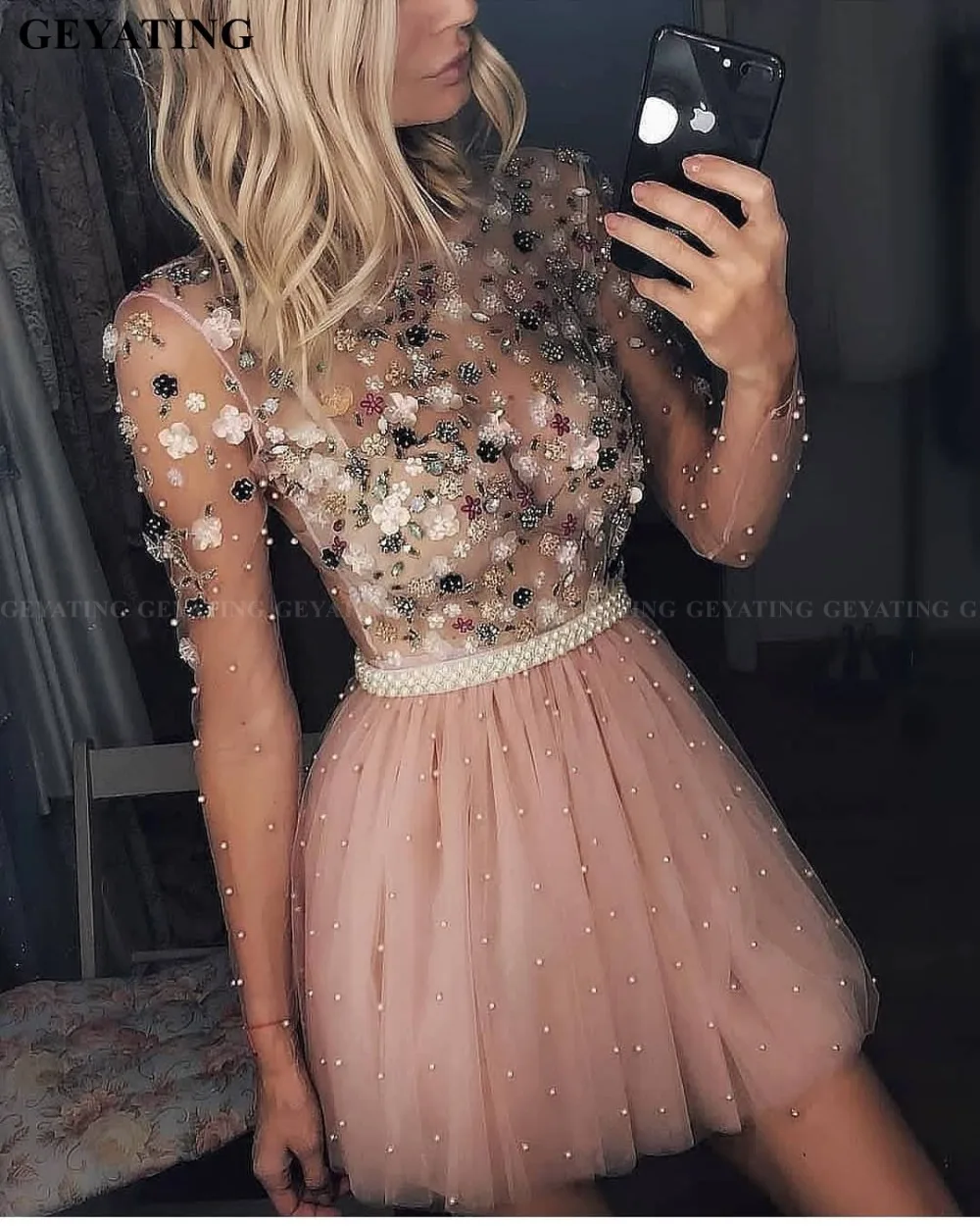 Милые розовые короткие платья с длинными рукавами для выпускного вечера Vestidos de 15 cortos 3D Цветы Жемчуг Тюль милое коктейльное платье