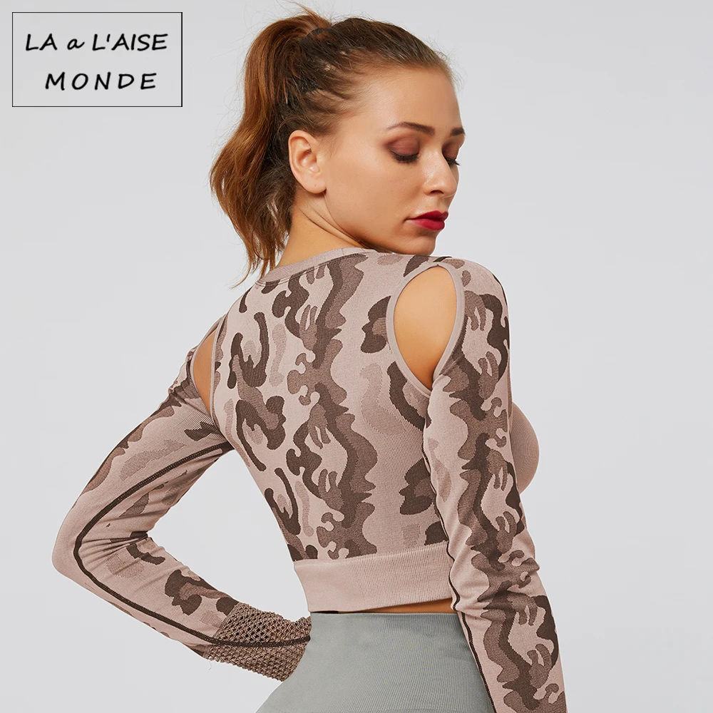 Комплект для йоги нейлоновые женские бесшовные камуфляжные топы облегающая