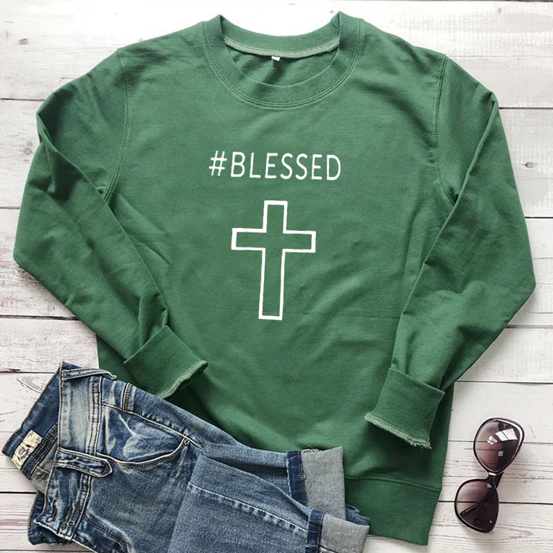 Blessed Christian Sweatshirt Women Letter Print Jesus Cross Pullover Casual God Thankful Grateful Jumpers Girl Outfits Drop Ship | Женская
