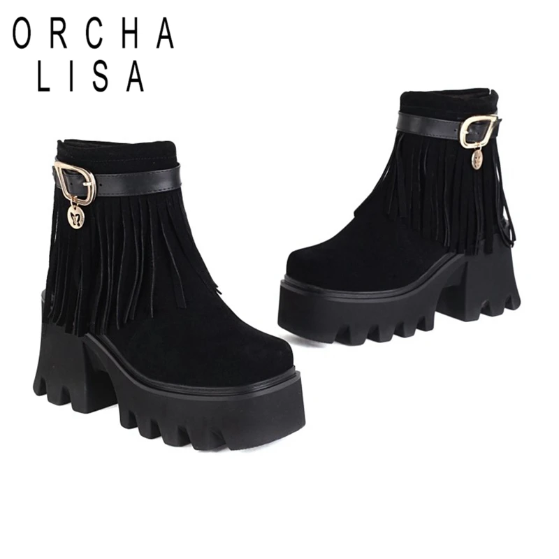 

Ботильоны женские водонепроницаемые из флока, на толстом каблуке, с кисточками