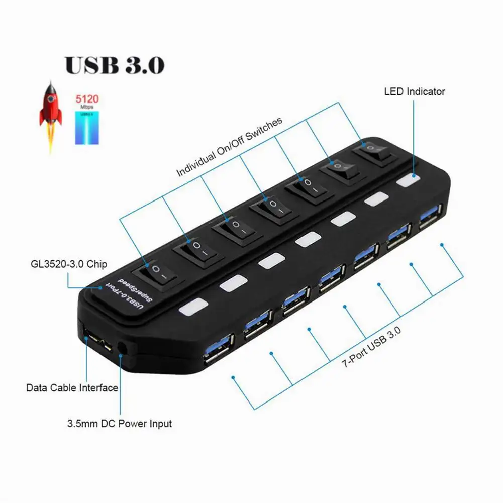 USB 3.0 4-портовый/7-портовый USB-концентратор 3 0 с независимым светодиодным