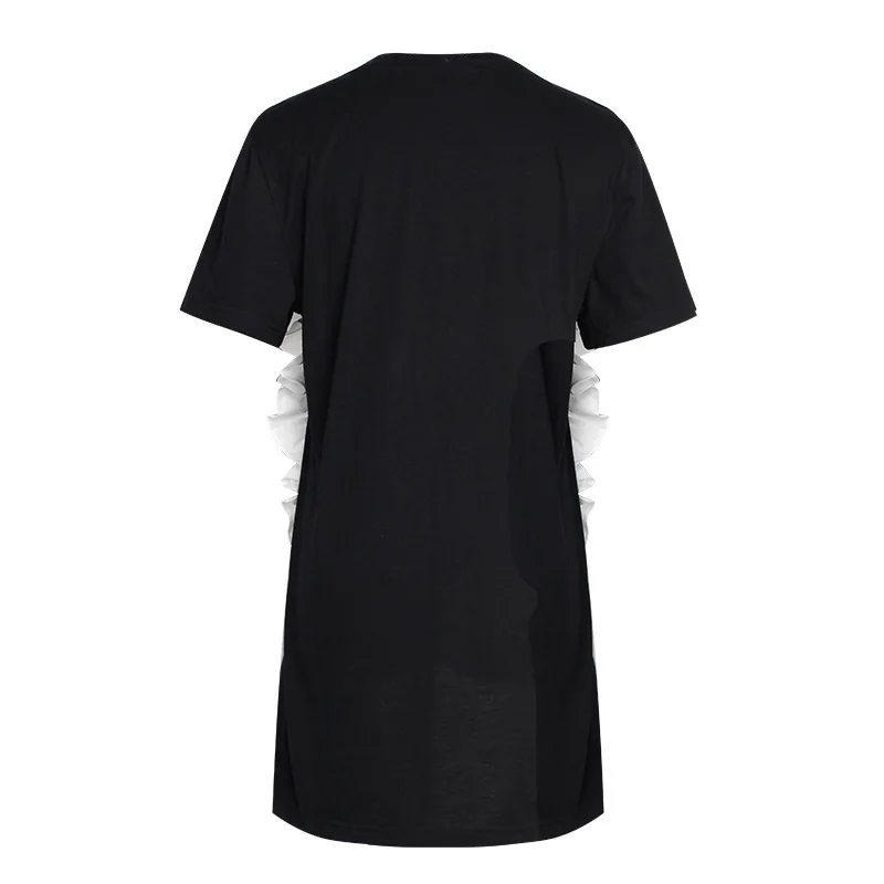 [EAM] 2021 Новое весенне летнее черное свободное платье с круглым вырезом и короткими