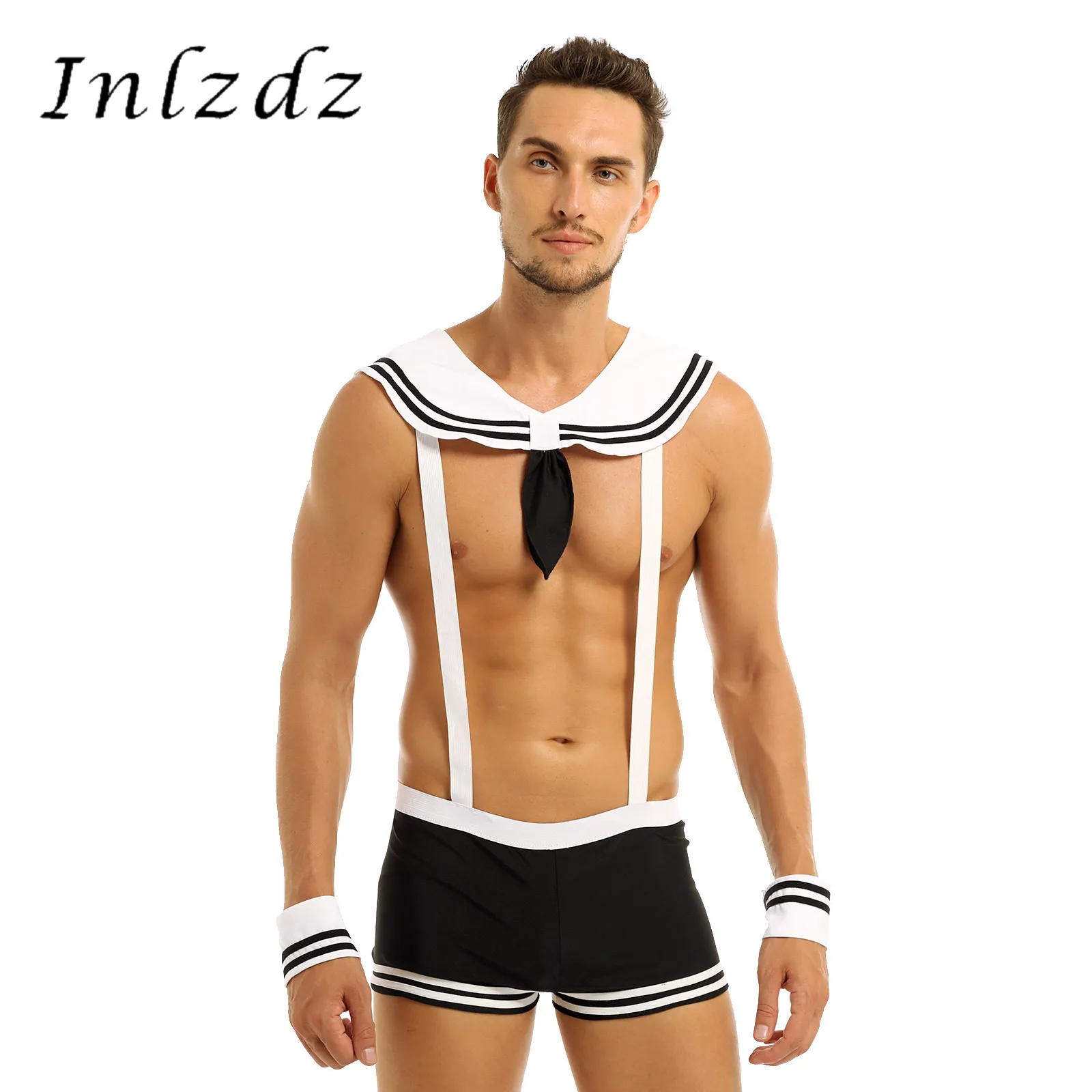 

Mens Erotic Lingerie Suit Sailor Sexy Fancy Cosplay Costume Underwear Set Elastic Suspenders Boxer Briefs with Collar and Cuffs