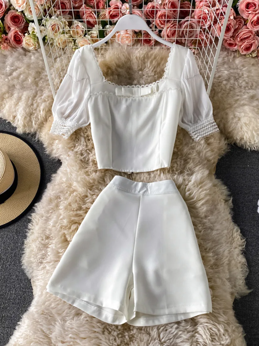

Girls' casula work office pants top set age reducing short sleeve short top shirt and slim fitting High Waist shorts trousers