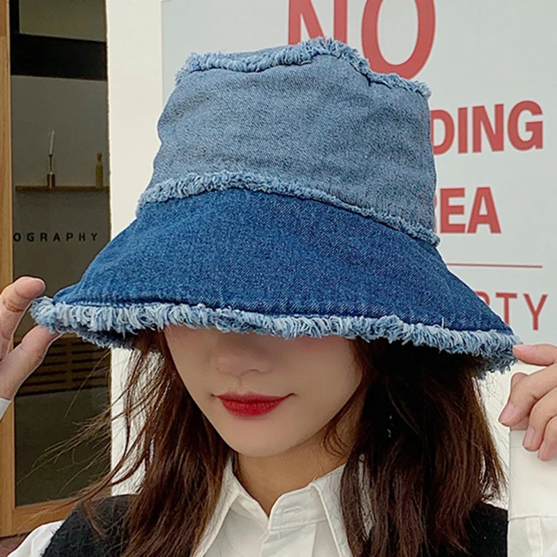 

Korean Style Washed Denim Bucket Hat Women Spring Summer Panama Fisherman Cap Flat Top Basin Hat Street Trend Hip Hop Sun Hats