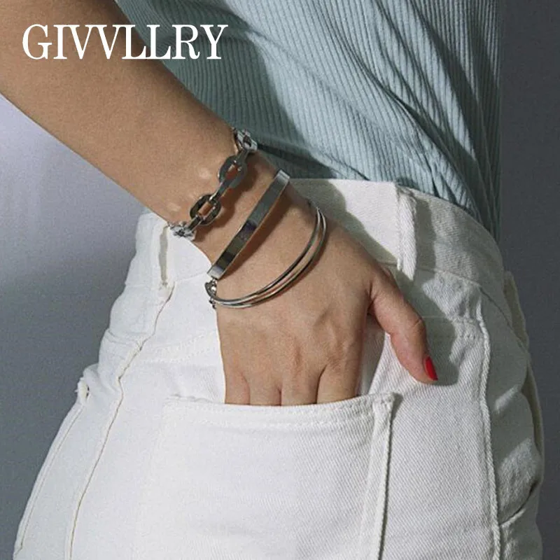 

3 pcs/set Curb Chain Cuff Bangles Bracelets for Women Jewelry Vintage Fashion Punk Geometric Wide Chain Bracelet Set