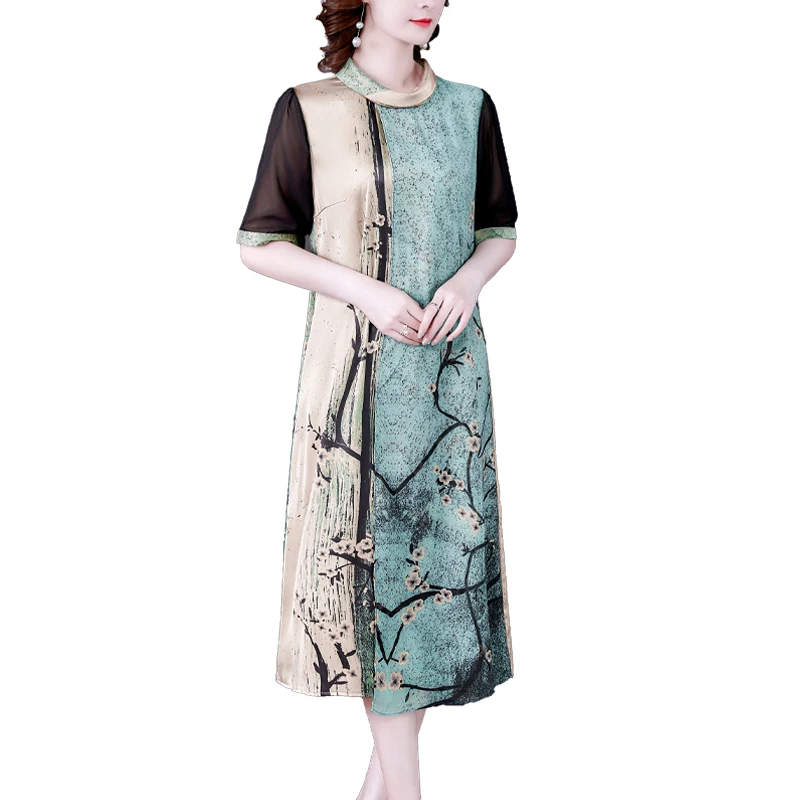 

Vintage Floral Mulberry Silk Satin Midi Dress 2021 Summer Casual Print S- 4XL Plus Size Dress Elegant Women Party Vestidos