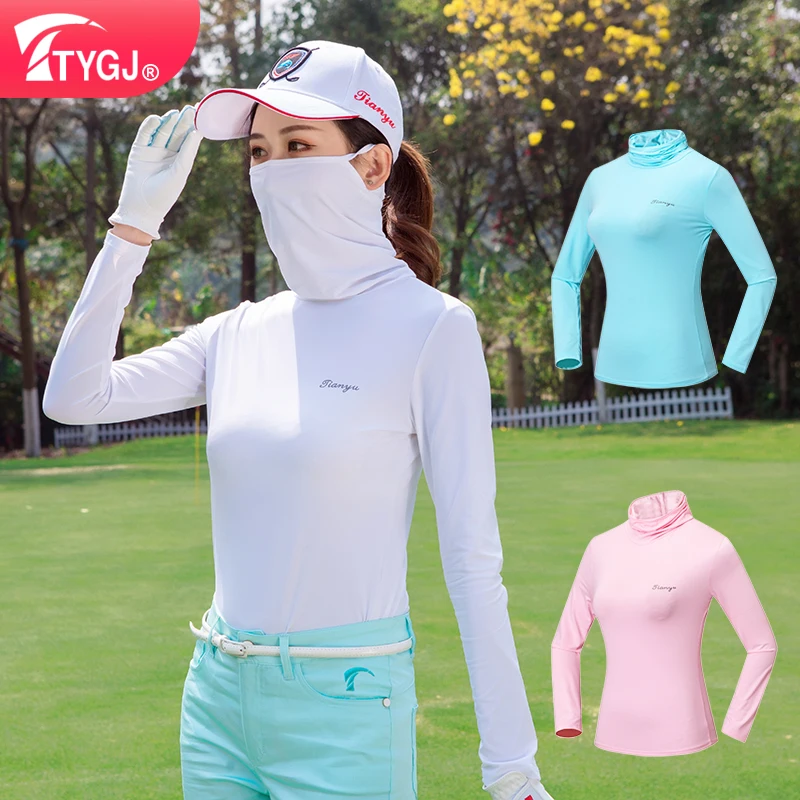 

TTYGJ Golf Clothing for Women Sun Protection Ice Silk Bottoming Cooling Shirt High Collar with Face Mask Long Sleeve Apparel