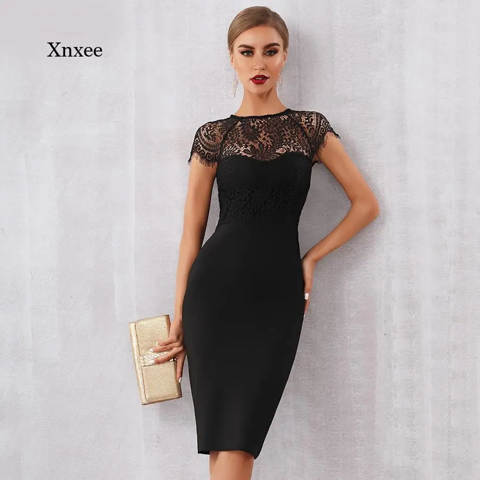 

White Lace Patchwork Dress New Summer Women Bandage Sexy Black Short Sleeve Hollow Club Celebrity Evening Party Midi Dresses