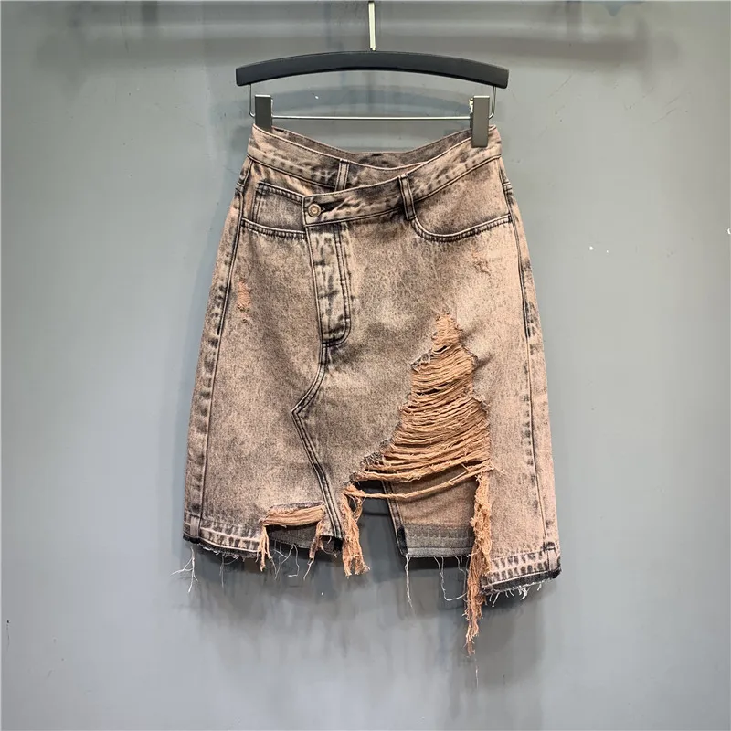 

Retro Irregular Denim Skirt Women Summer Korean Hollow out Tassel Fashion Mid-length Jean Skirts Streetwear Female Tide