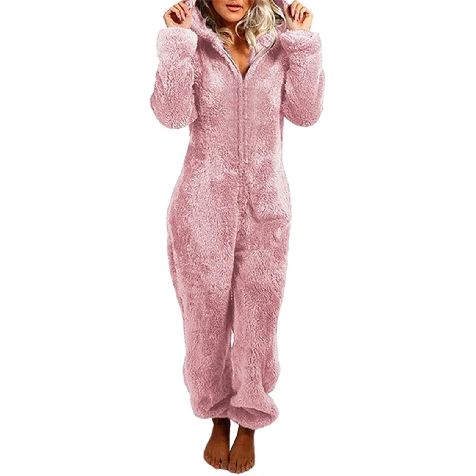 

Adorable Zipper Hooded Jumpsuit Women Fleece Pajama Long Pants Sleepwear Plush Hoodies Sleepwear AC889
