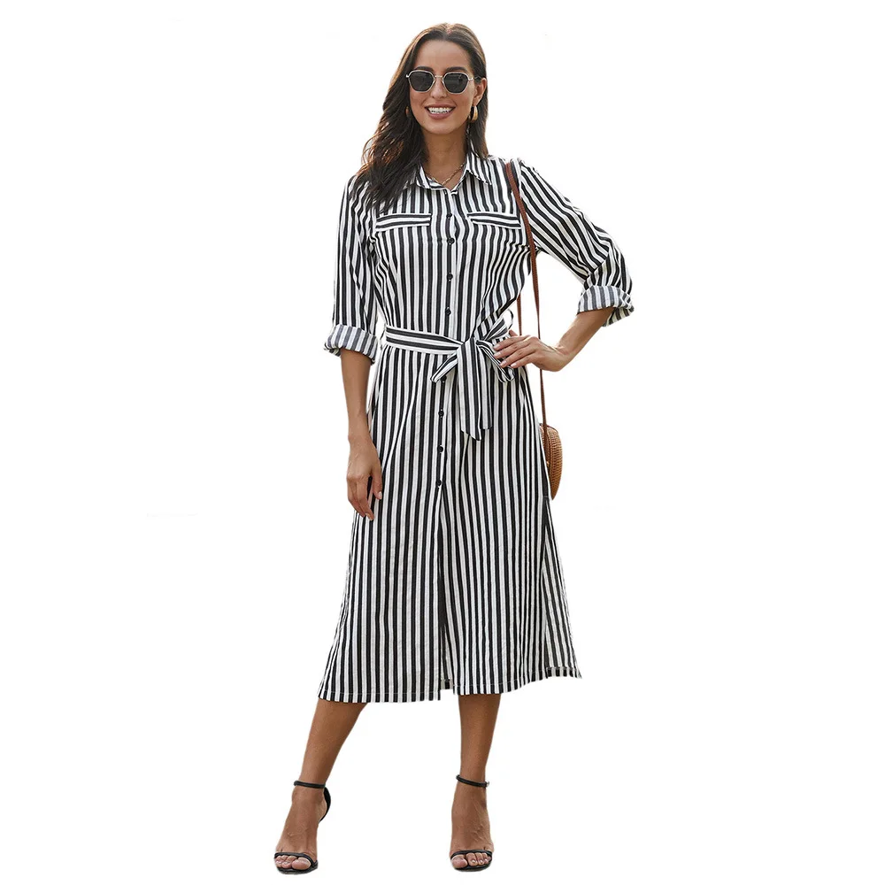 

Autumn and summer for women's dress striped single-breasted lapel cropped sleeve waist lace mid-length 2020 vestido