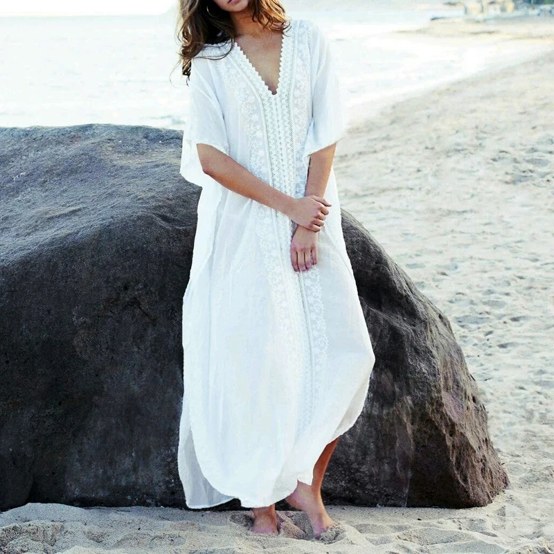 Женское пляжное платье саронг с вышивкой белое макси из 2021 хлопка V образным