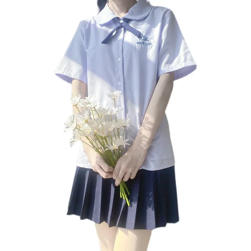

Fashion School Uniform Sets Solid Color Short Sleeve Shirt Tops Jk Style Elastic Waist Short/middle/long High School Girl Skirt