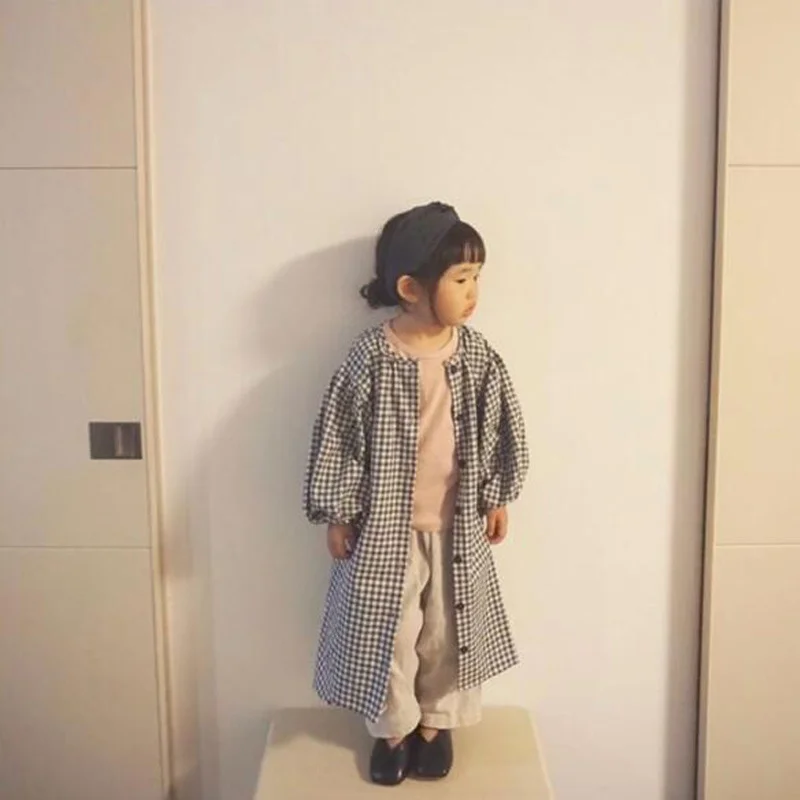 

Children Dress New Autumn Girls Cotton Plaid Puff Shell Jacket Wearing Strick Jacket College A-Line Clothes Children Casual Lose