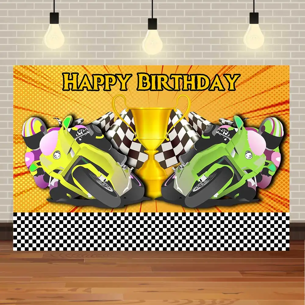 SeekPro Cool Two Boys' Birthday Party Banner Background Motorcycle Racing Car Yellow Backdrop Child Photography Photo Studio