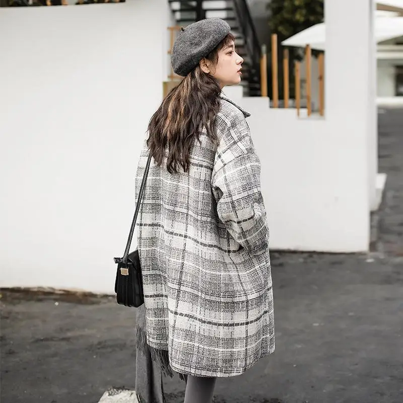 Женское винтажное шерстяное пальто в клетку повседневное свободное однобортное