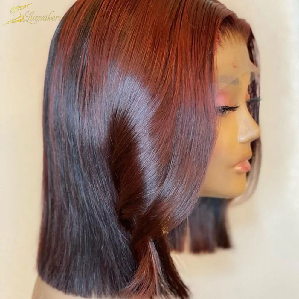 

99j Red Buirgundy Highlight Colored Short Bob Straight Lace Front Wig HD Transparent Lace Frontal Wig Full Preplucked Ombre 13x6
