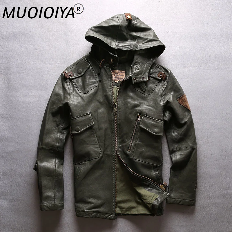 

AVIREXFLY 2021 New Men hooded leather jacket men flight jacket Black Genuine Sheepskin Slim Fit Casual Russian Leather Coats