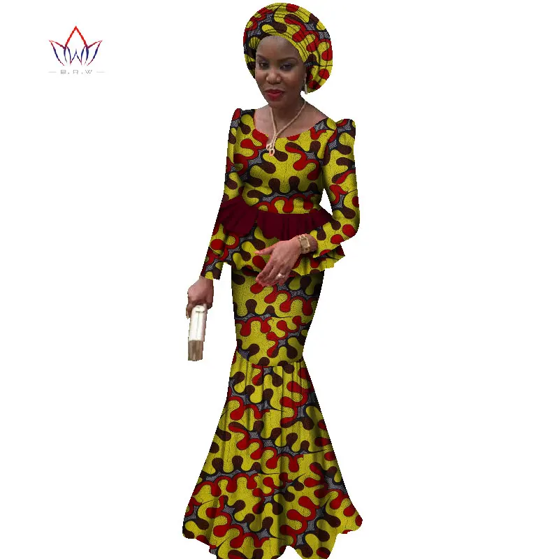 2021 New african dresses for women 2 pieces suit african traditional clothing dashiki robe femmes print cotton wax BRW WY1863