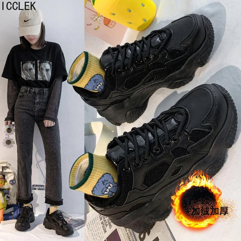 

2022 Winter Warm Plush Women Sneakers Walking Shoes Lace Up Platform Teens Sneakers Running Sport White Ladies Shoes