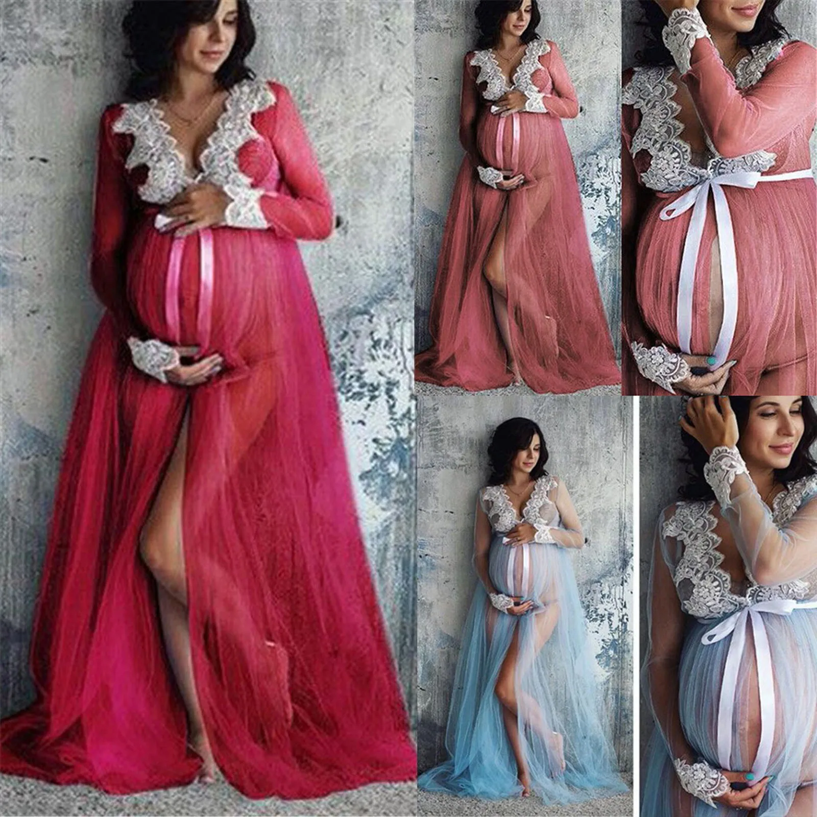 

Maternity Dresses For Photo Shoot Summer Long Sleeve Net Yarn Lace Maternity Split Fork Belt Fashion Dress Pregnancy Dress