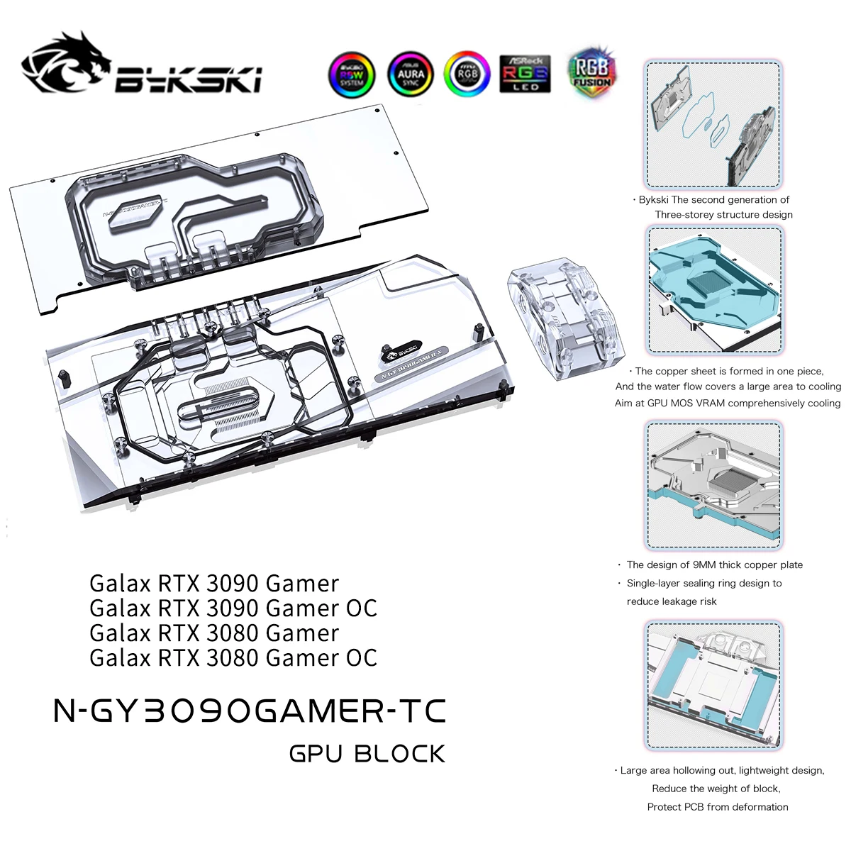 

Bykski GPU Water Cooling Block Active Waterway Backplane Water Cooling Cooler For Galax RTX 3090 3080 Gamer N-GY3090GAMER-TC