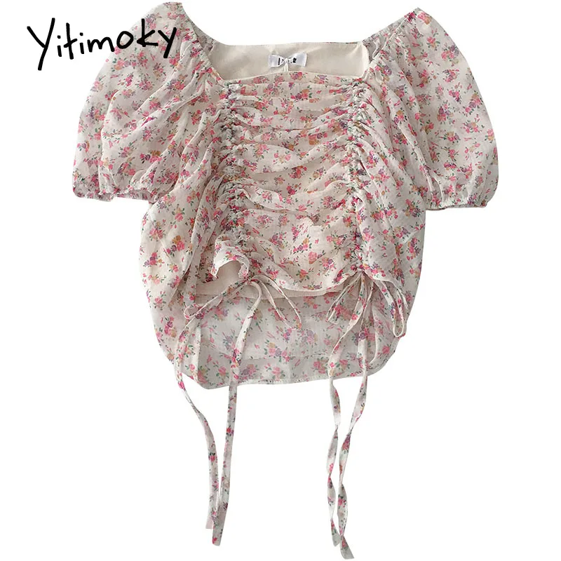 

Yitimoky Shirt Women Korean Fashion Square Collar Short Top Printing Vintage Floral Short Sleeve Top 2021 New Casual Ladies Top