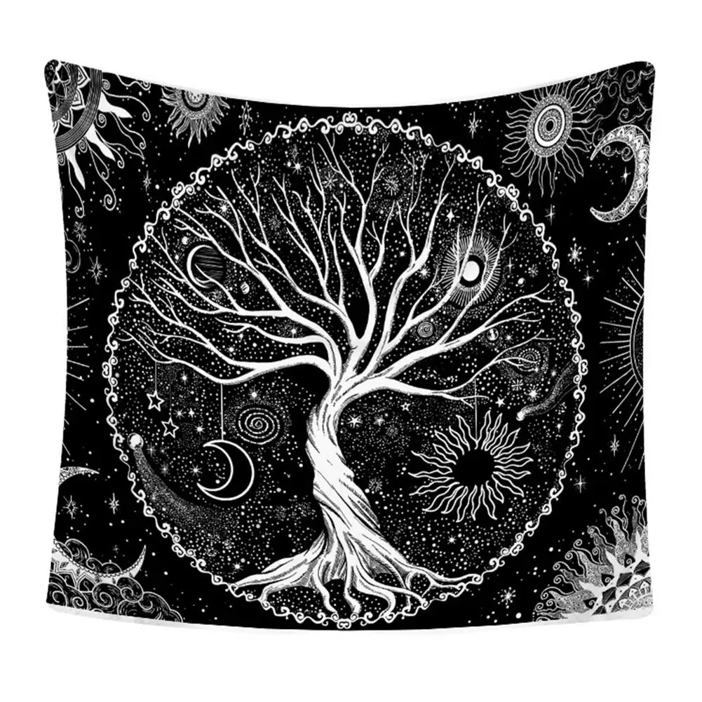 

150x130cm Wall Tapestry Tree Moon Stars Pattern White Black Wall Hanging Tree Of Life Tapestry For Interior Room Home Decoration
