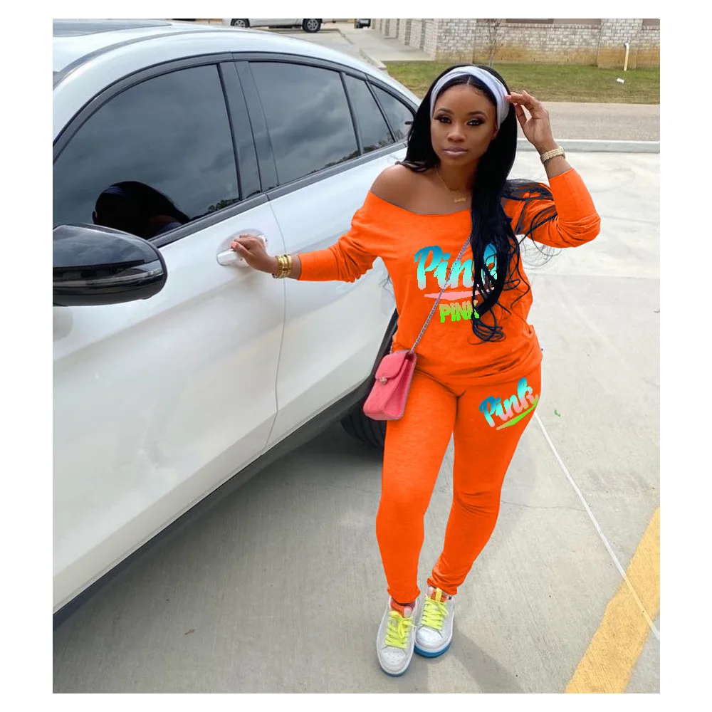 

New 2020 Pink Letter Print Long Sleeve Tshirt And Skinny Leggings Pants Suit Spring Tracksuit Streetwear Two Piece Set Outfits