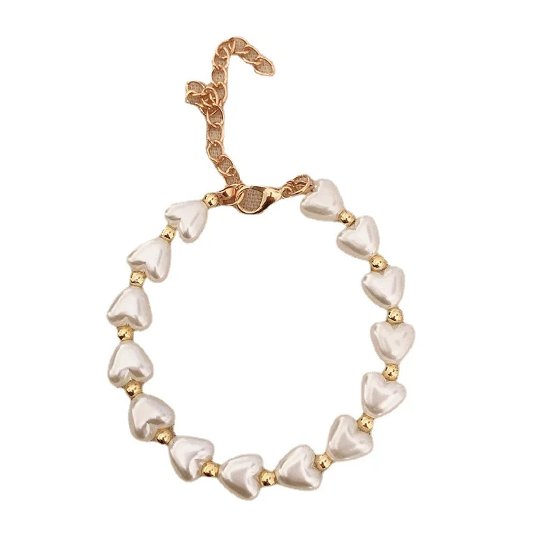 

Girl's Romantic Heart Bangles Women's Imitation Pearl Hand Chain Korean Style Acrylic Bracelet for Female Trendy Accessories