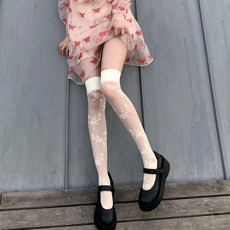 

Spring And Summer New Products Gentle Girl Dark Rose Thigh Socks Milky White Retro Style Flower Stockings Over-the-knee Socks