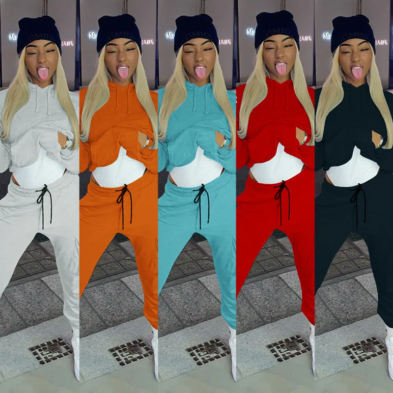 

Wholesale Fall Winter Clothes Women Casual Two Piece Tracksuits Long Sleeve Hoodies Top and Cargo Pocket Pants Set