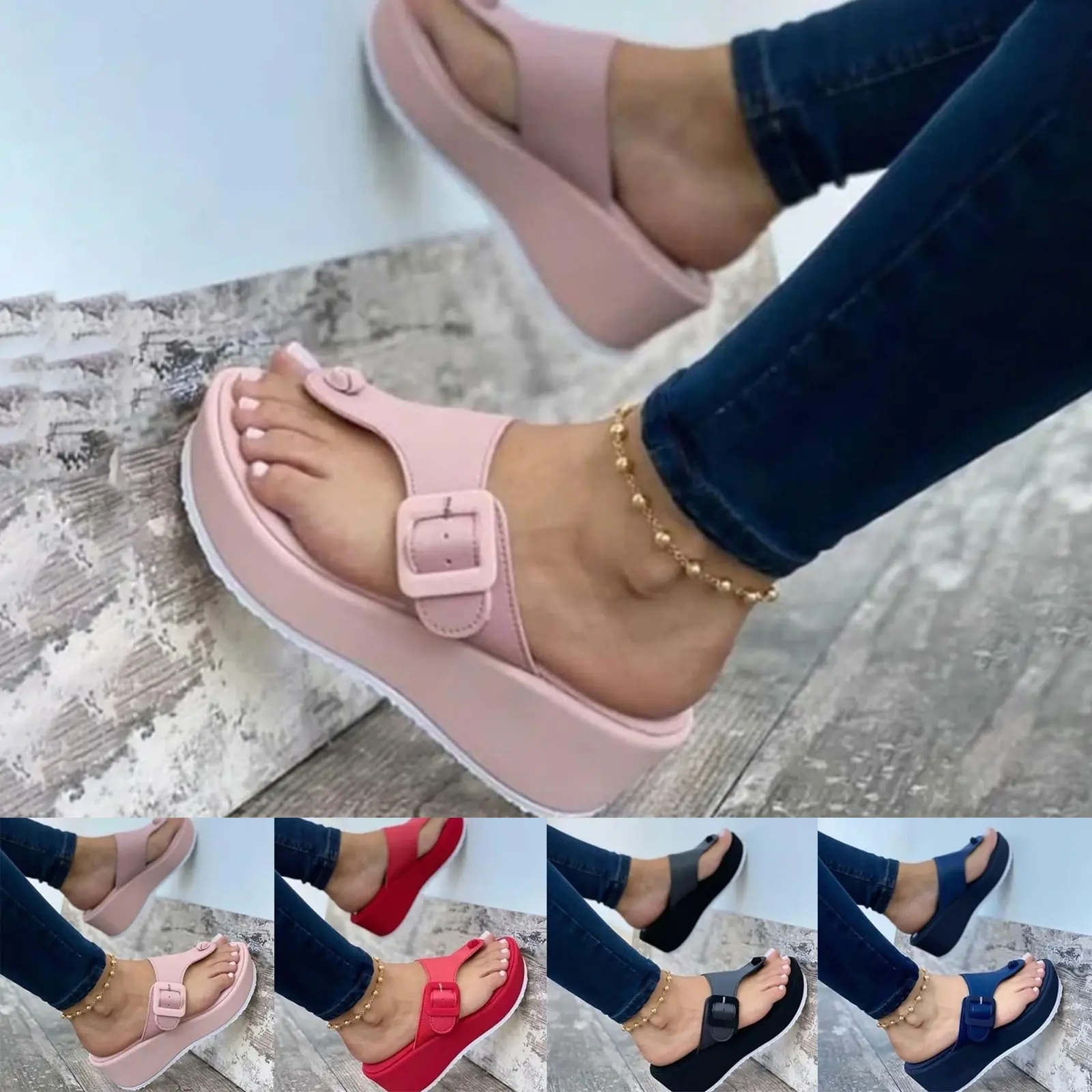

Women Sandals 2021 New Heels Sandals Platform Wedges Shoes For Ladies Summer Slides Mujer Casual Buckle Flip Flops Plus Size 43