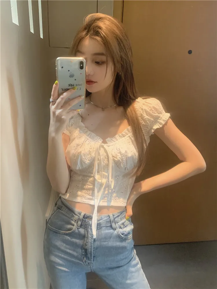 

Summer Women Shirts Fashion Solid Round Neck Blouse 2021 Korean New Short Sleeve Short Tops Casual Female Clothing