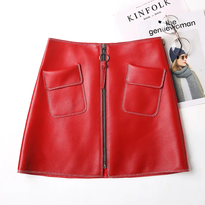 

Genuine Leather Skirt Women Real Sheepskin Natural Lambskin Ladies High Waist Mini Short Red Black Pockets Fashion Design Skirts