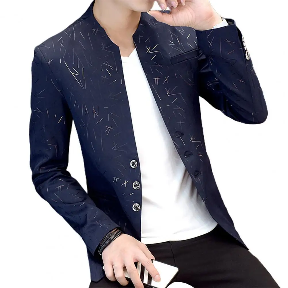 

Men Blazer Vintage Print Korean Style Spring Autumn Stand Collar Fake Pockets Buttons Blazer for Business Men Clothing 3XL